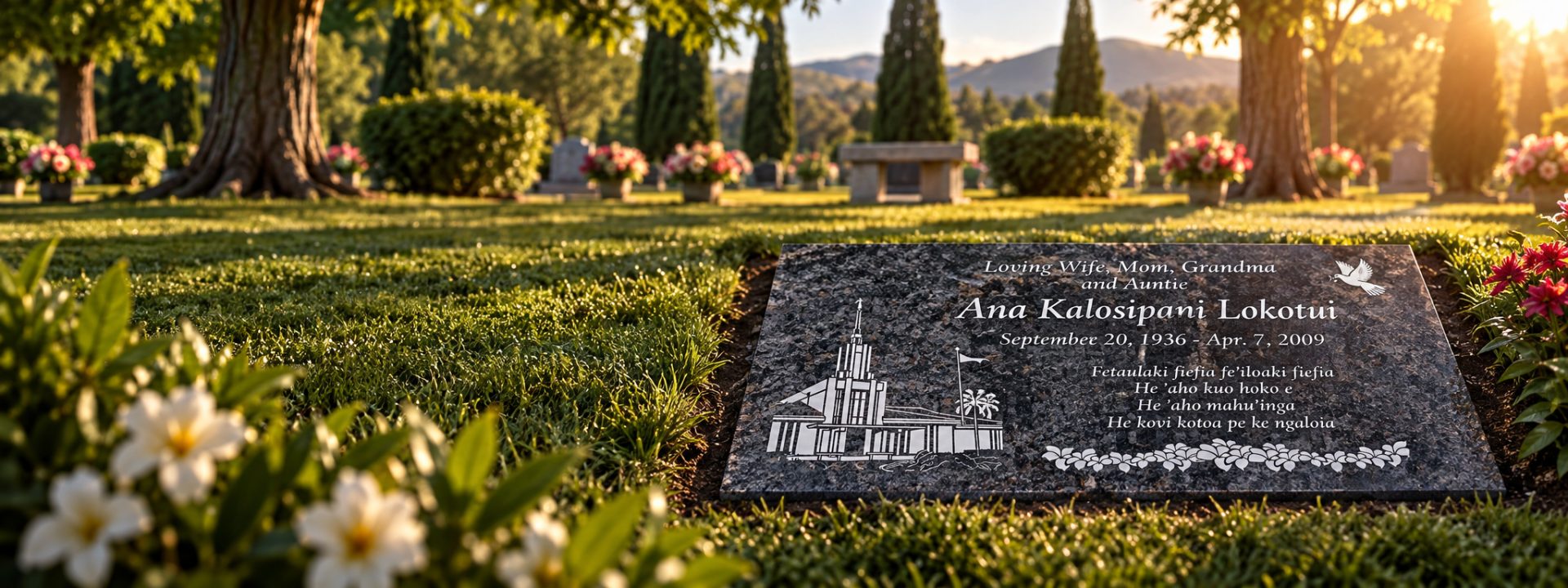 Black granite flat headstone with a Tongan verse, a temple etching, a dove and a flower border, set in a lawn cemetery at sunset