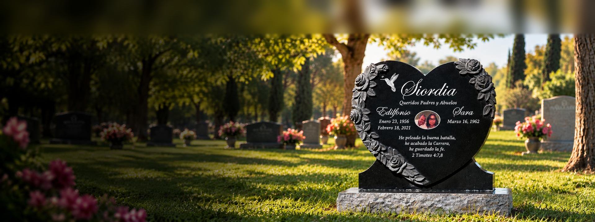 Black granite heart-shaped upright monument with carved roses and a porcelain portrait, Siordia family