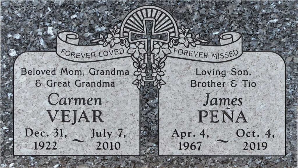 Blue Pearl granite companion grave stone with cross and ribbon, Vejar family, Holy Sepulcher Cemetery