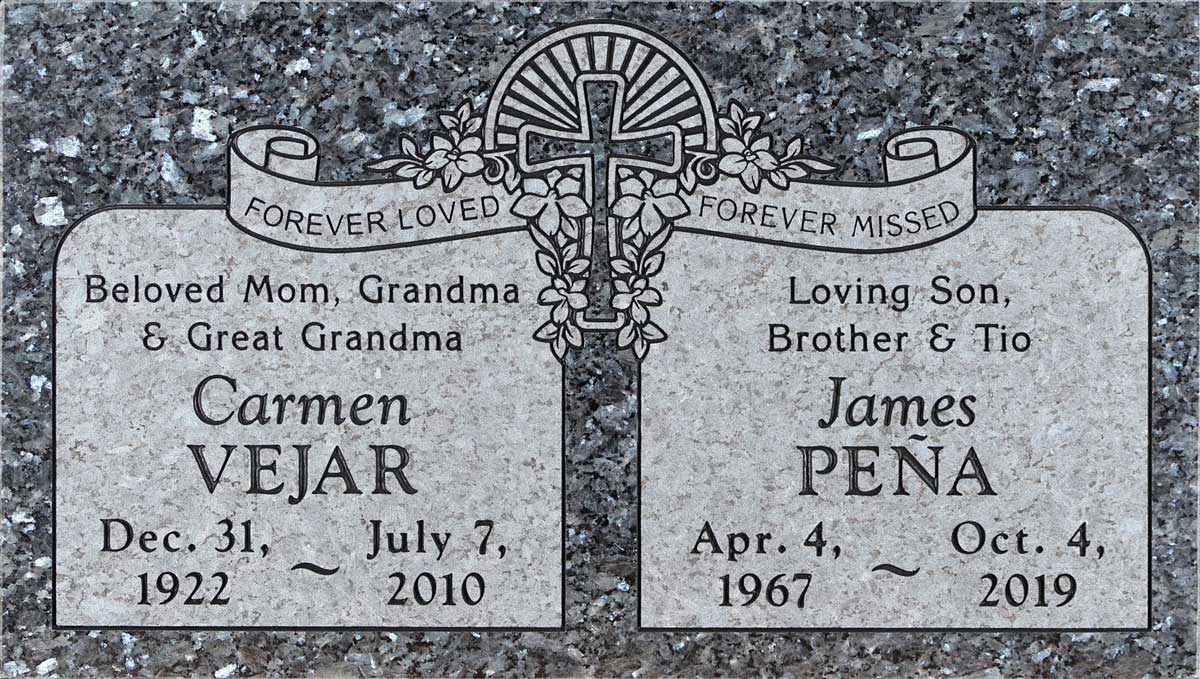Blue Pearl granite companion grave stone with cross and ribbon, Vejar family, Holy Sepulcher Cemetery