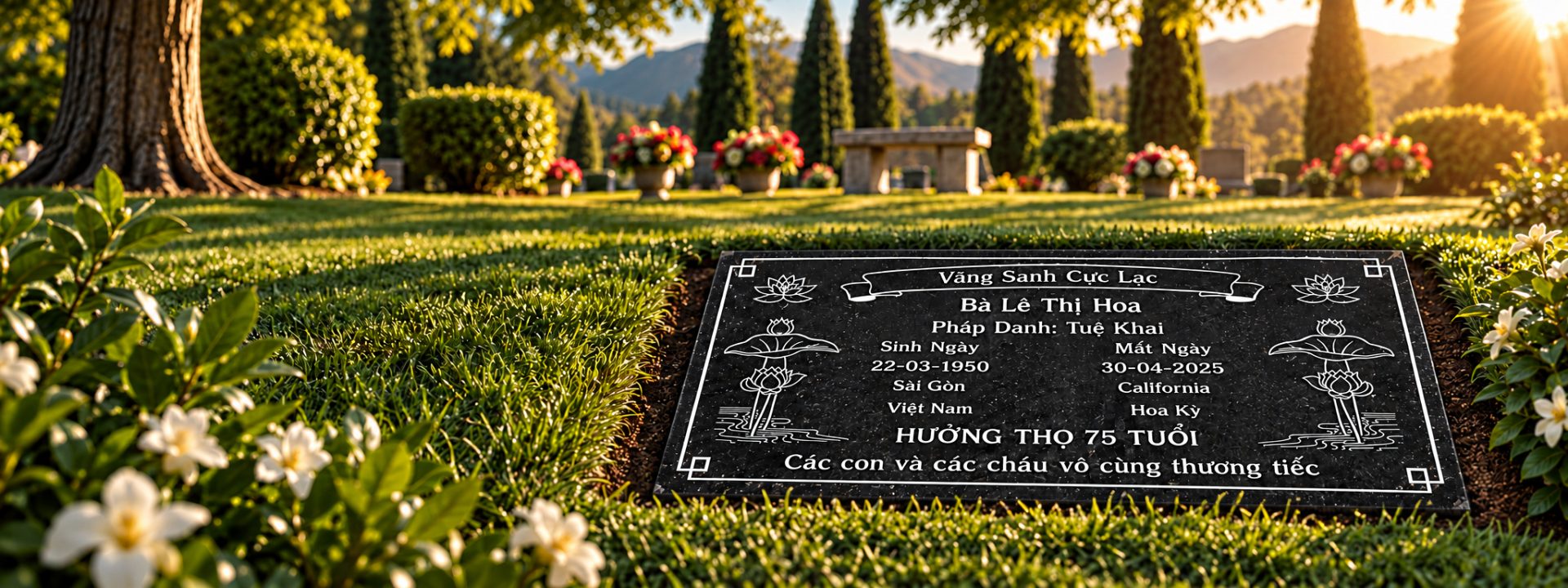 Black granite flat headstone engraved in Vietnamese with lotus flower etchings and a scroll banner, set in a lawn cemetery at sunset
