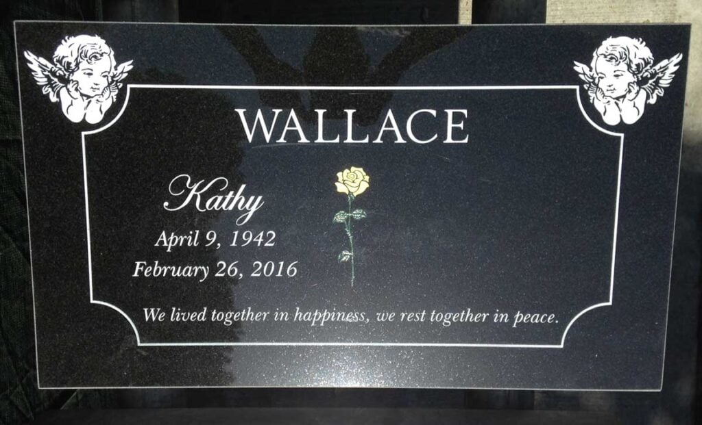 Black granite headstone with cherubs and rose, Wallace family, El Toro Memorial Park