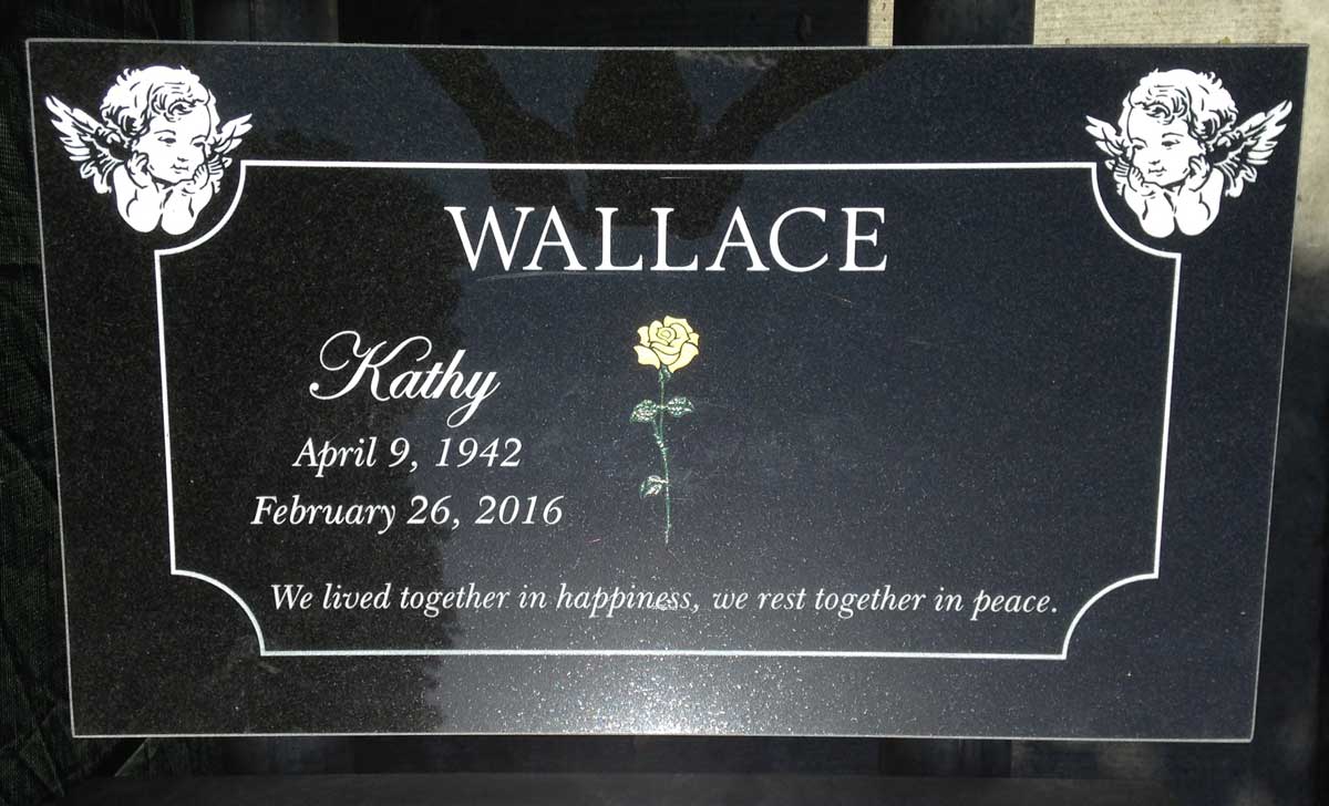 Black granite headstone with cherubs and rose, Wallace family, El Toro Memorial Park