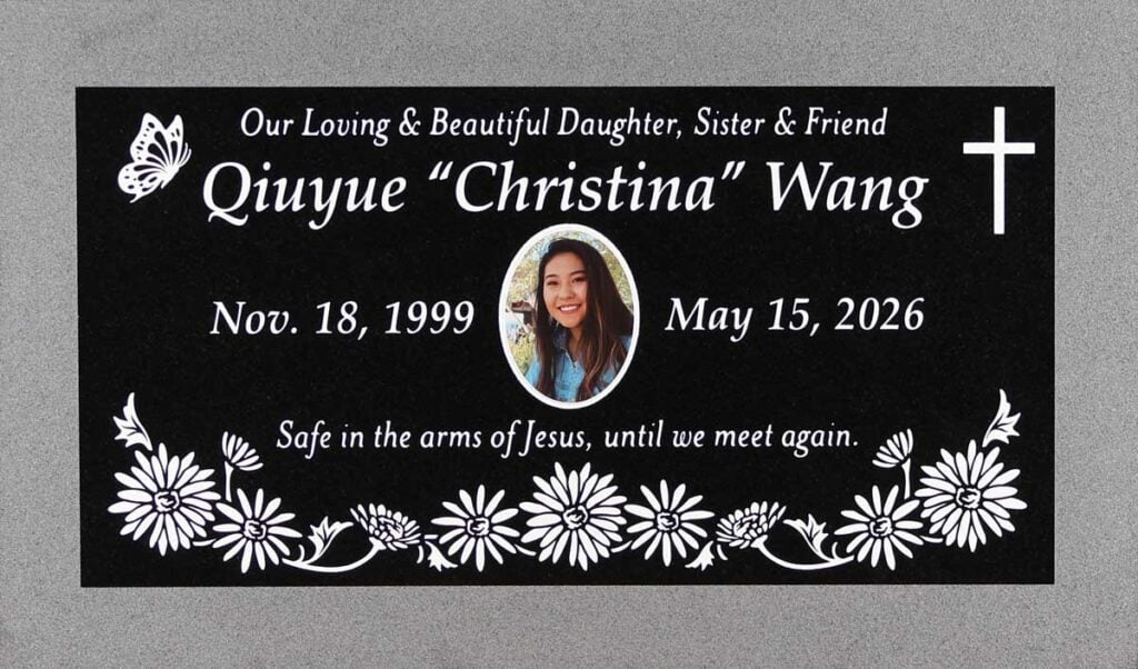 Black granite headstone with daisies and portrait, Wang family, Bellevue Memorial Park