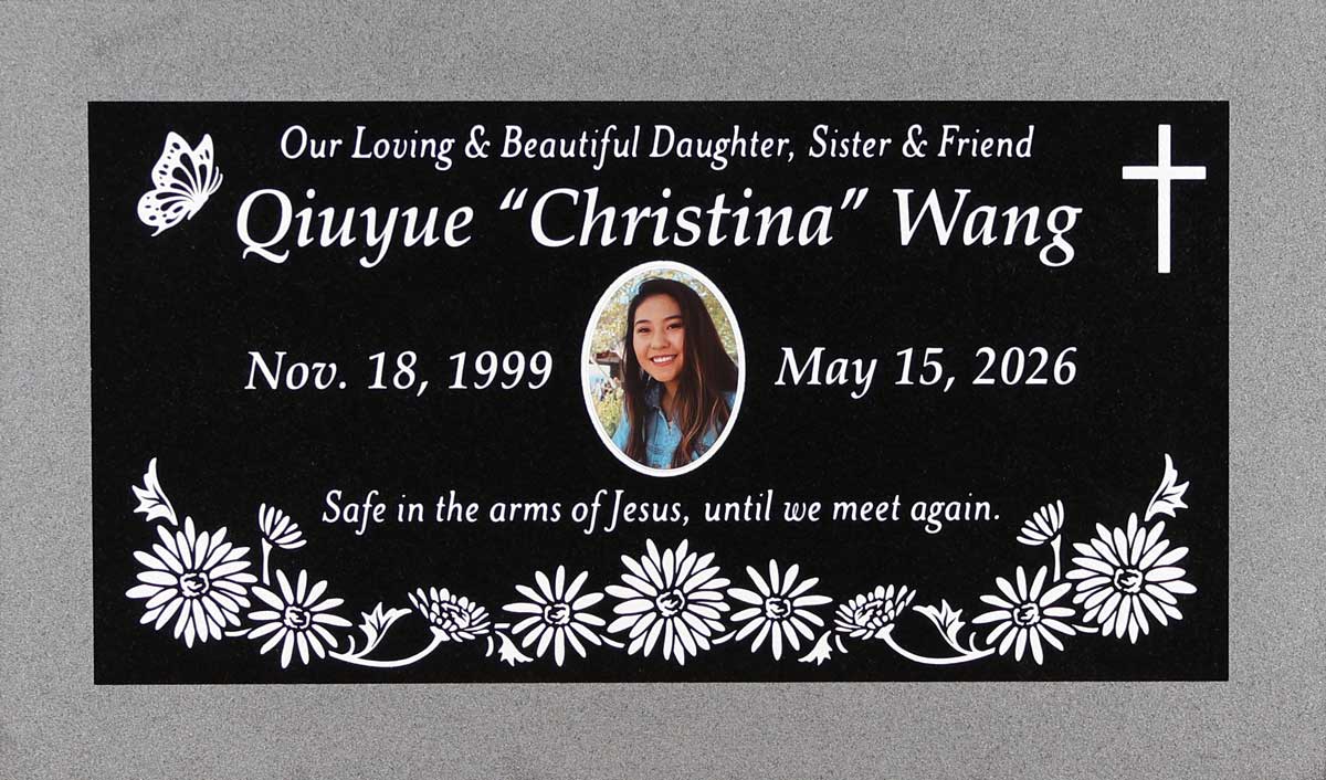 Black granite headstone with daisies and portrait, Wang family, Bellevue Memorial Park