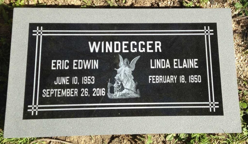 Black granite companion grave memorial with guardian angel and children, Windegger family, Montecito Memorial Park