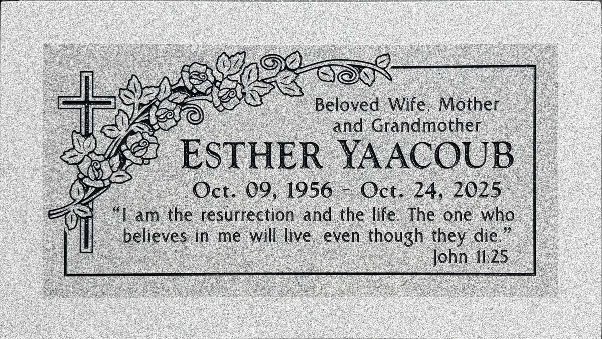 Southern White granite headstone with cross and roses, Yaacoub family, Pomona Valley Memorial Park