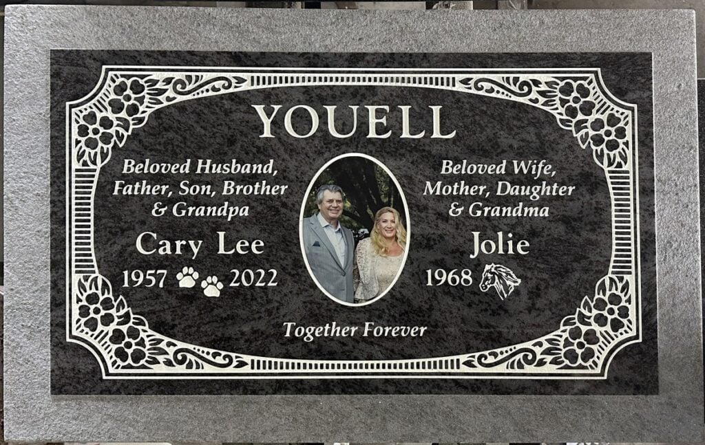 Bahama Blue granite companion headstone with ornate border with portrait, Youell family, Pomona Valley Memorial Park