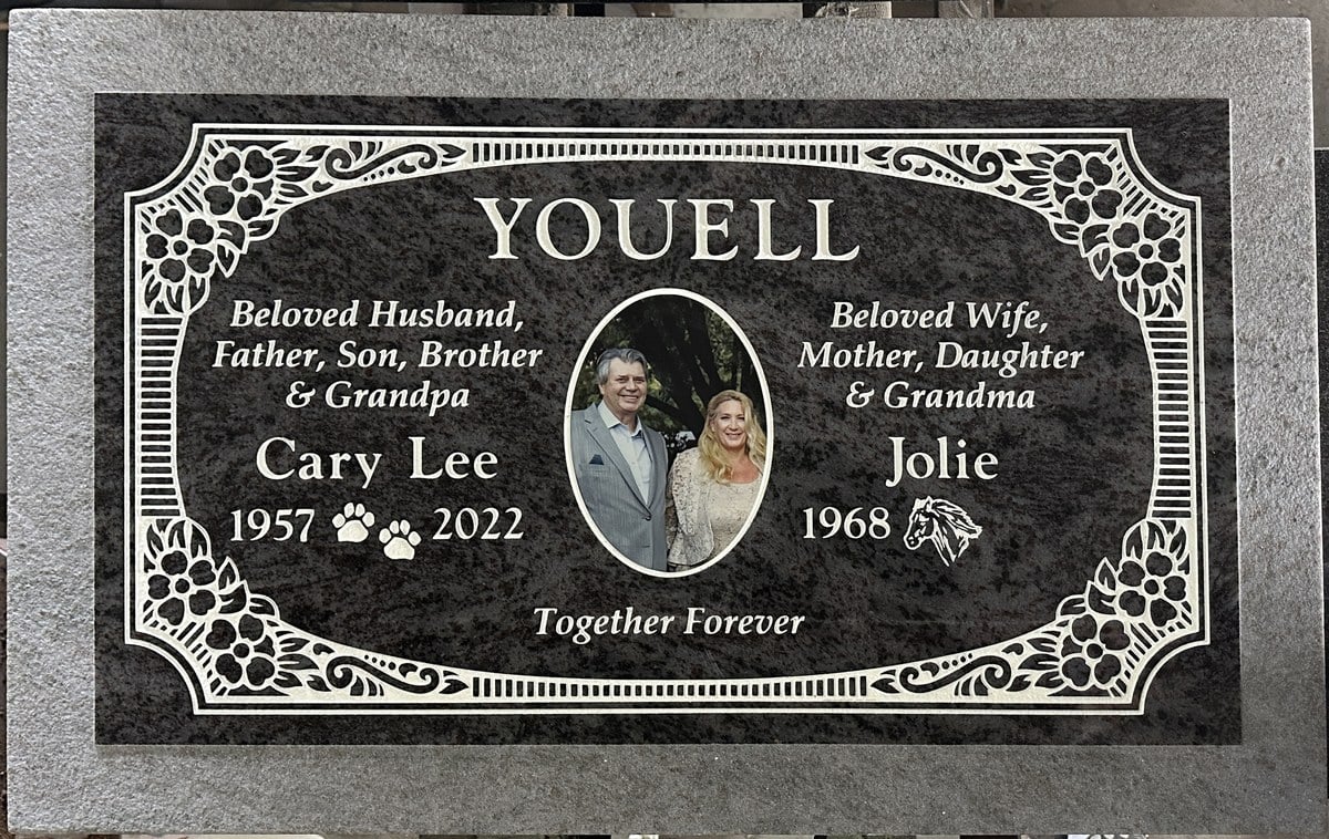 Bahama Blue granite companion headstone with ornate border with portrait, Youell family, Pomona Valley Memorial Park