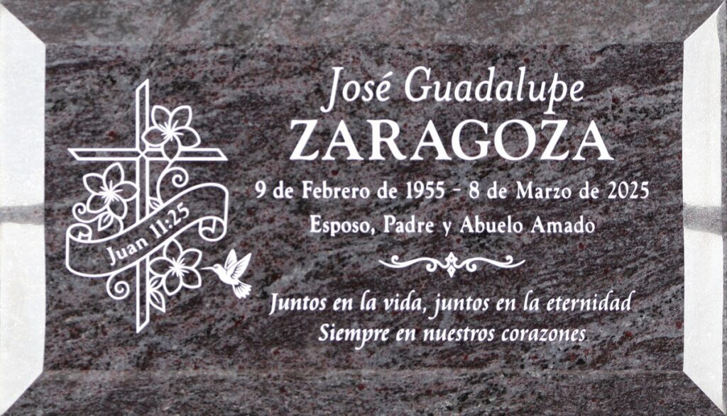 Bahama Blue granite headstone with floral cross and hummingbird, Zaragoza family, Olivewood Memorial Park