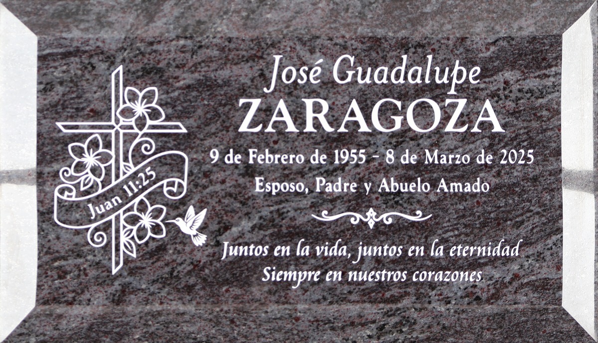 Bahama Blue granite headstone with floral cross and hummingbird, Zaragoza family, Olivewood Memorial Park
