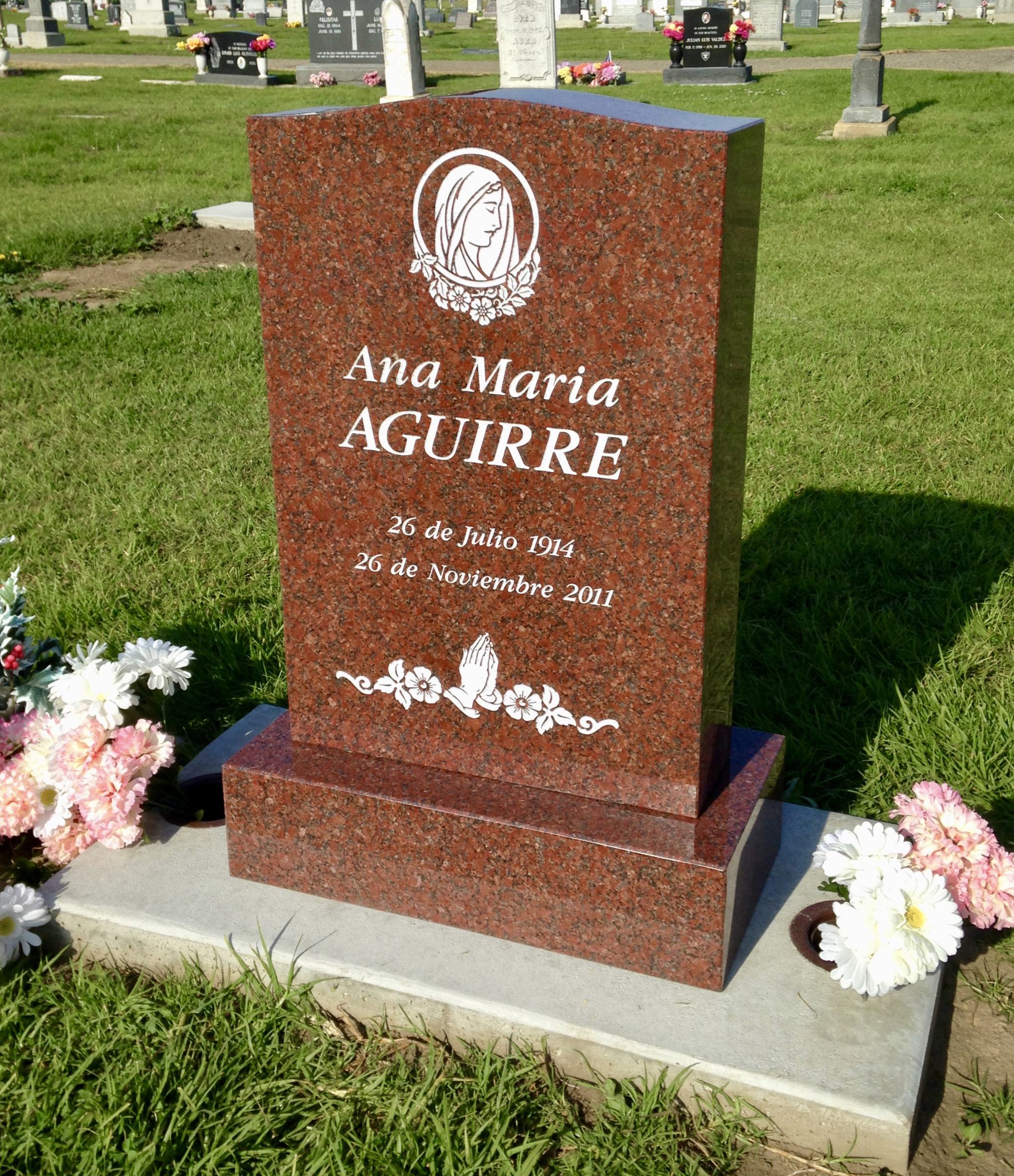 Sentinel Red granite upright monument with madonna and praying hands, Aguirre family, Bellevue Memorial Park