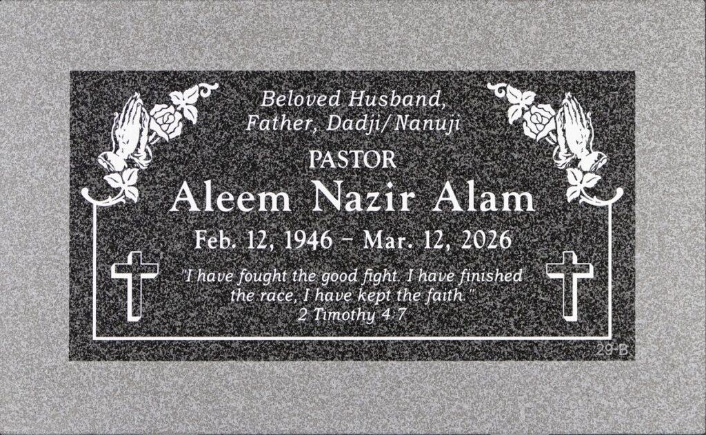Oxford Gray granite memorial marker with praying hands and roses, Alam family, Hillside Memorial Park