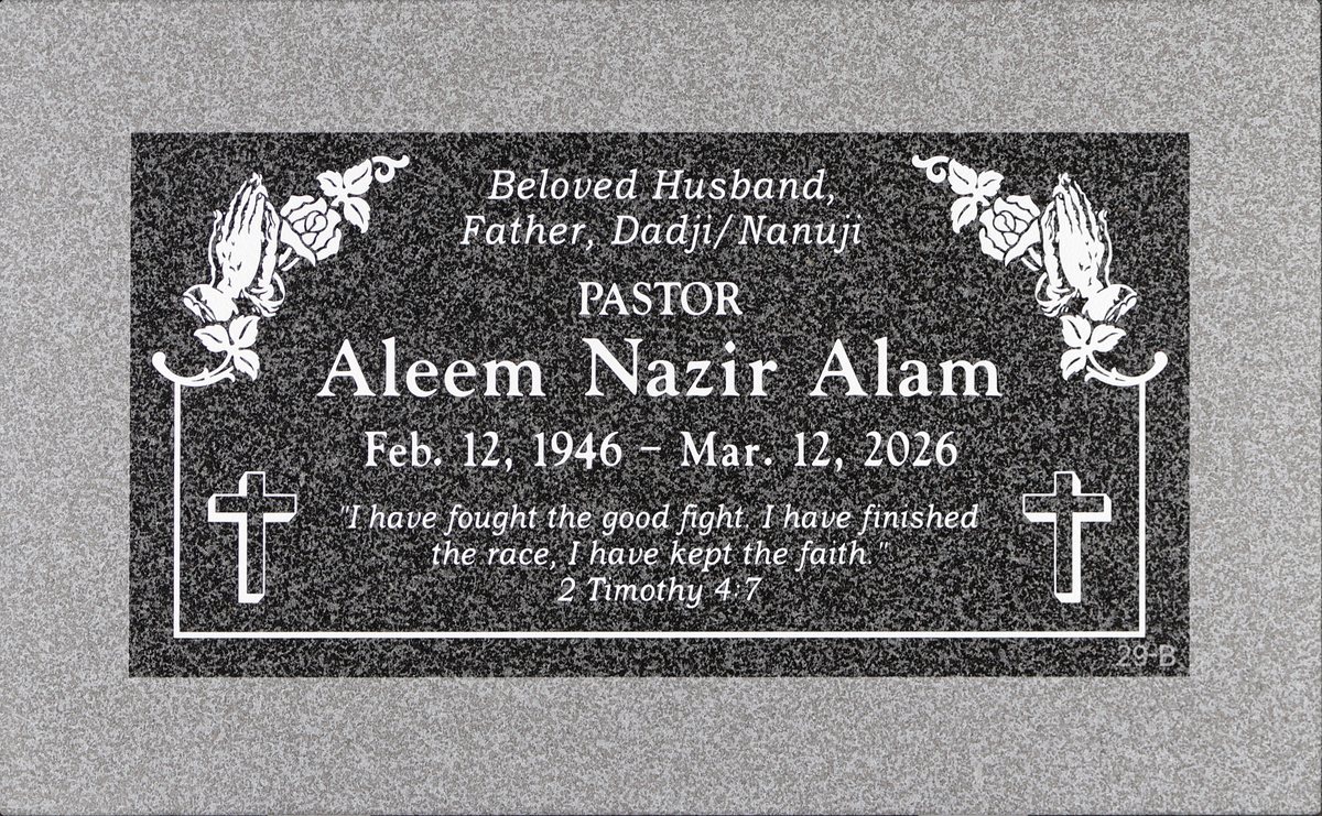 Oxford Gray granite memorial marker with praying hands and roses, Alam family, Hillside Memorial Park