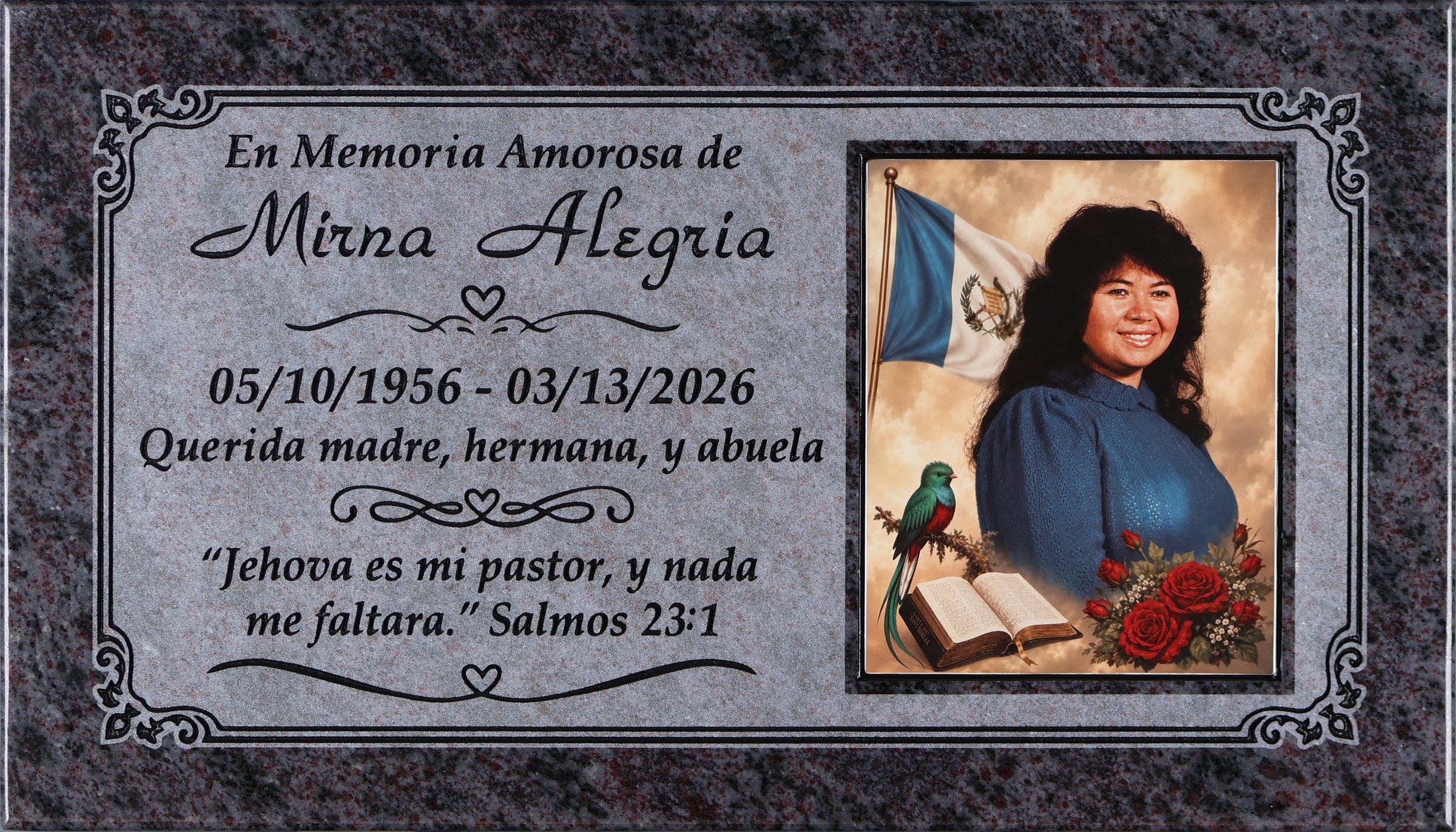 Bahama Blue granite grave memorial with portrait and flag, Alegria family, Bellevue Memorial Park