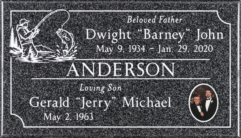 Oxford Gray granite companion gravestone with fisherman and bass, Anderson family, Bellevue Memorial Park