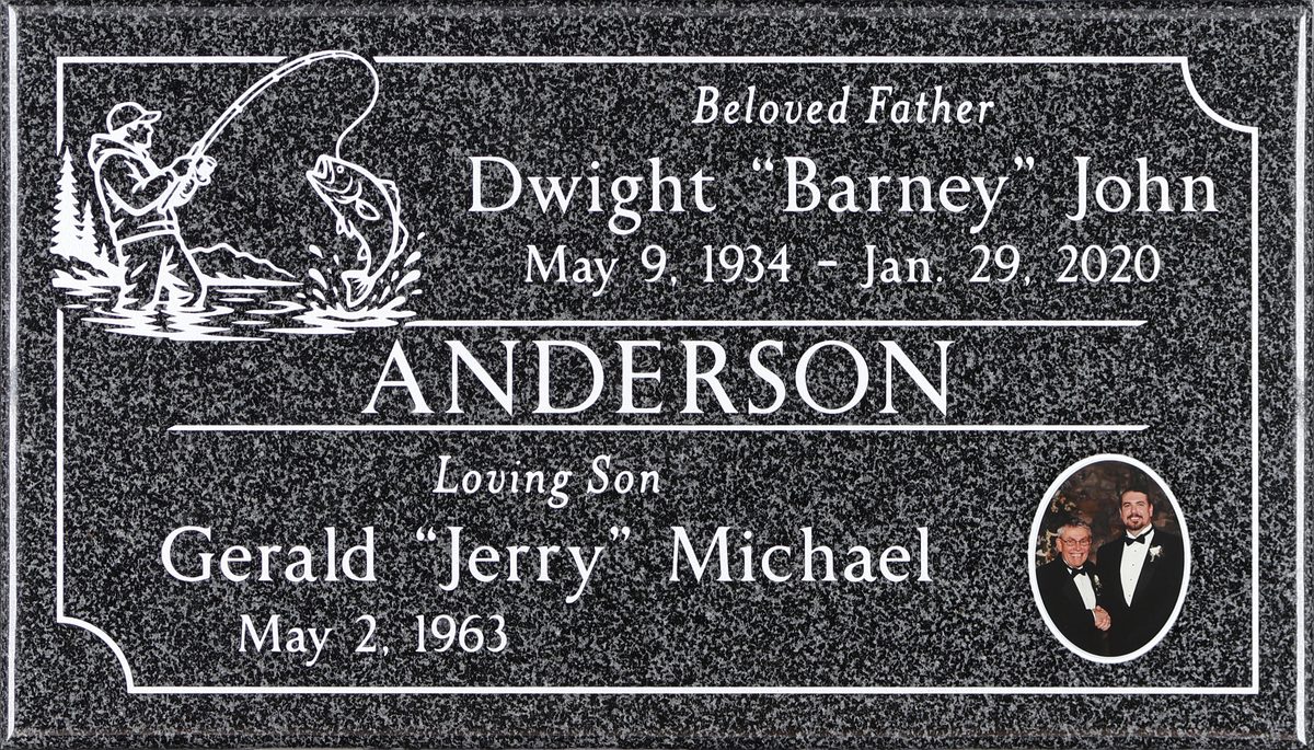 Oxford Gray granite companion gravestone with fisherman and bass, Anderson family, Bellevue Memorial Park