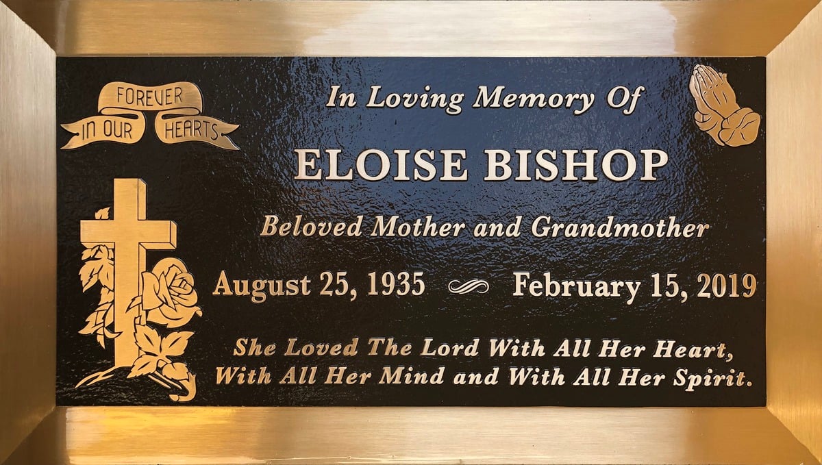 Bronze grave memorial with cross and praying hands, Bishop family, Forest Lawn Memorial Park