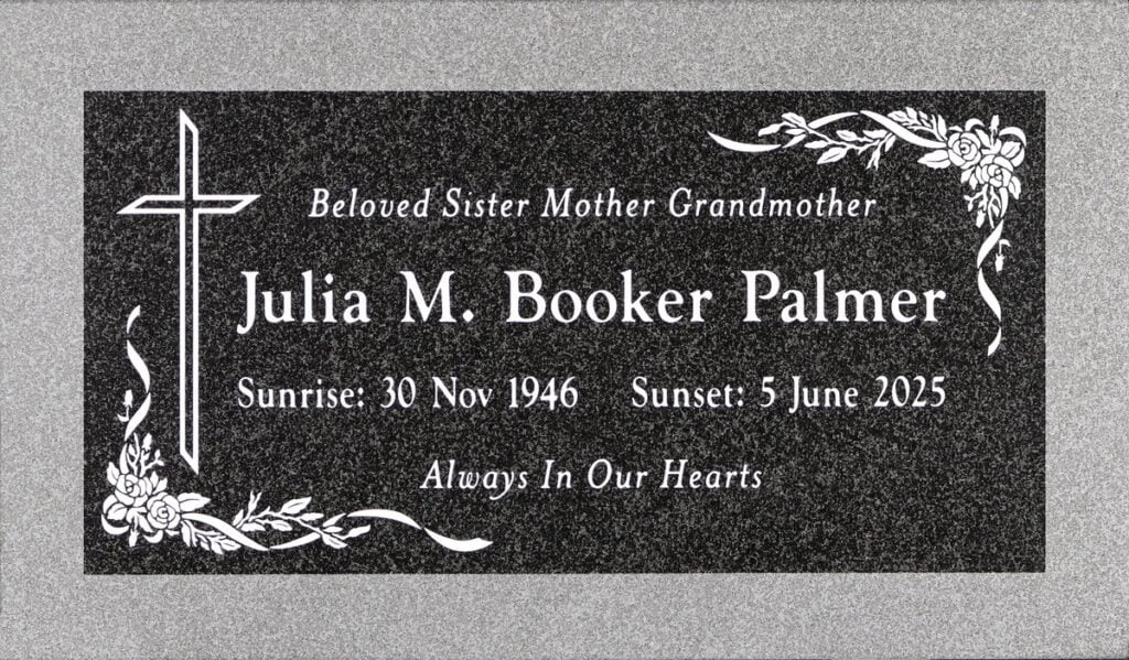 Oxford Gray granite memorial with cross and roses, Booker Palmer family, Pomona Valley Memorial Park