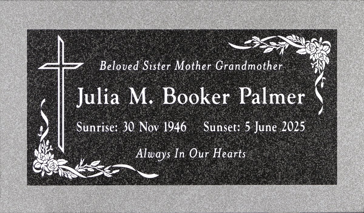Oxford Gray granite memorial with cross and roses, Booker Palmer family, Pomona Valley Memorial Park