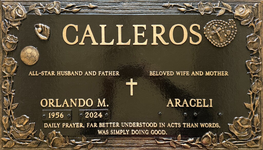 Bronze companion memorial marker with roses and rosary, Calleros family, Memory Garden Memorial Park