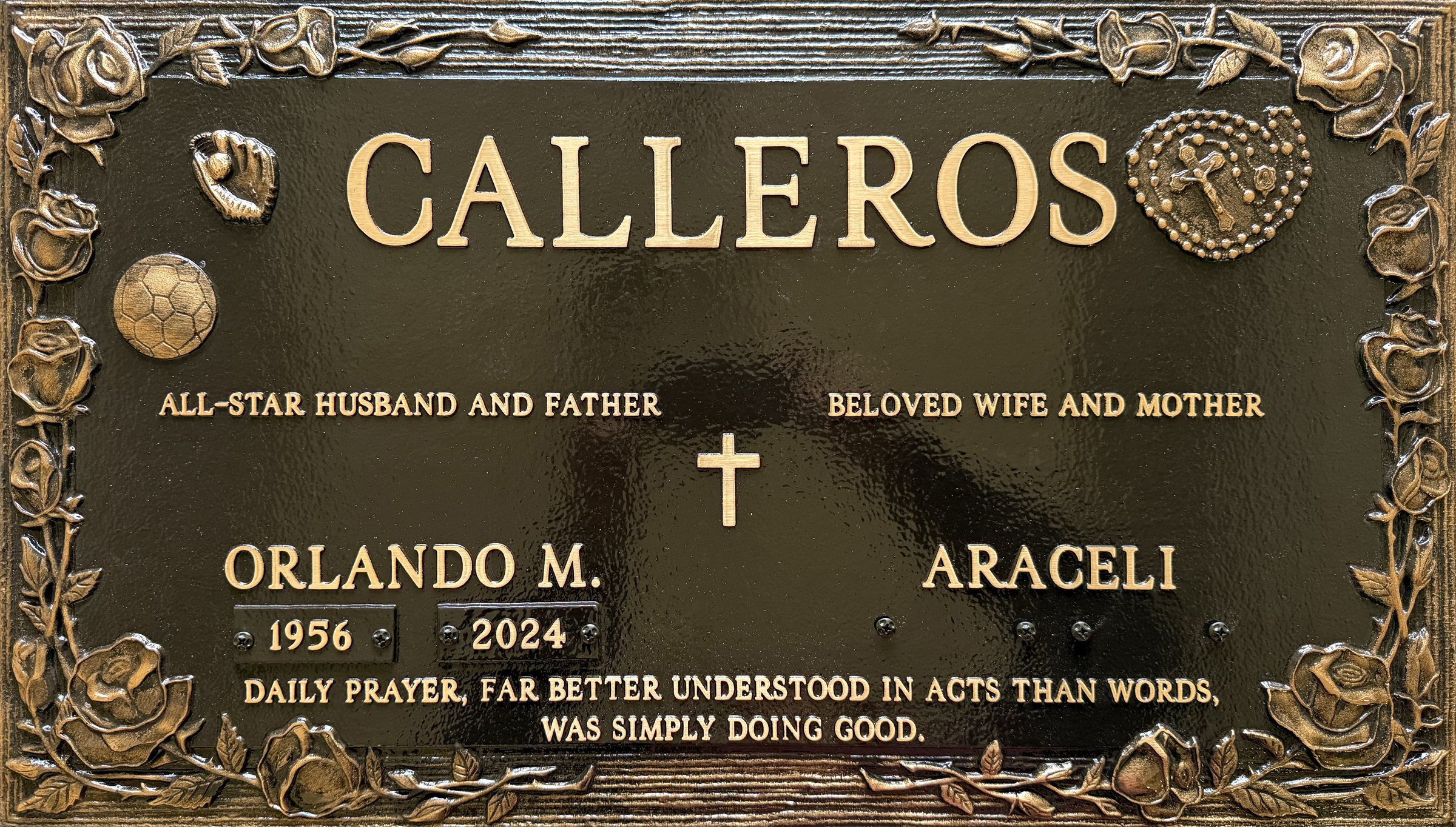 Bronze companion memorial marker with roses and rosary, Calleros family, Memory Garden Memorial Park