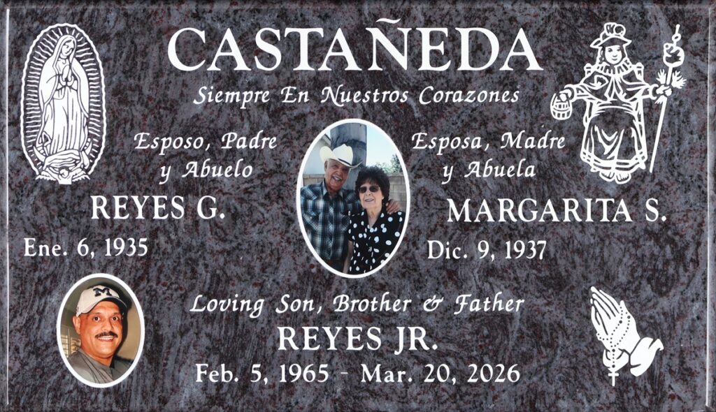 Bahama Blue granite headstone with guadalupe and santo niño, Castañeda family, Bellevue Memorial Park
