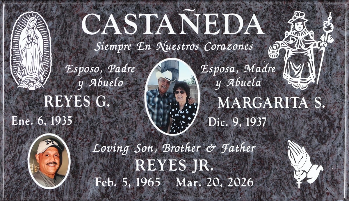 Bahama Blue granite headstone with guadalupe and santo niño, Castañeda family, Bellevue Memorial Park