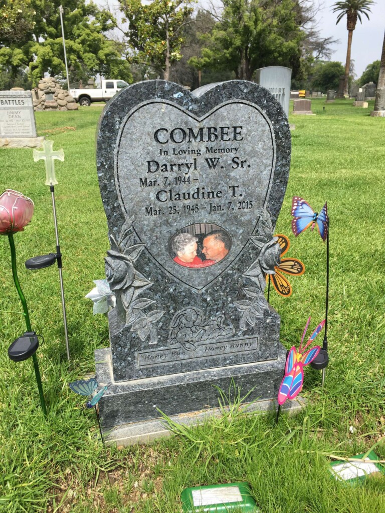 Blue Pearl granite companion upright monument with heart and carved roses, Combee family, Bellevue Memorial Park