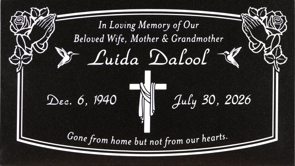 Black granite headstone with praying hands and hummingbirds, Dalool family, Valhalla Memorial Park
