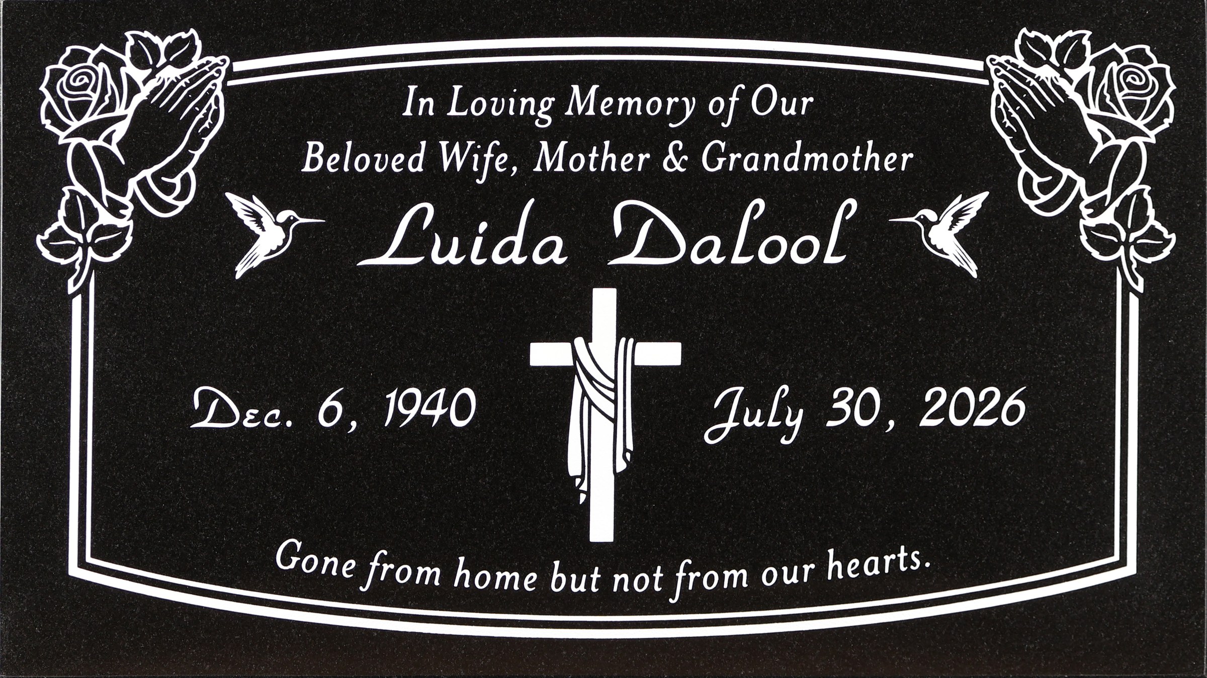 Black granite headstone with praying hands and hummingbirds, Dalool family, Valhalla Memorial Park
