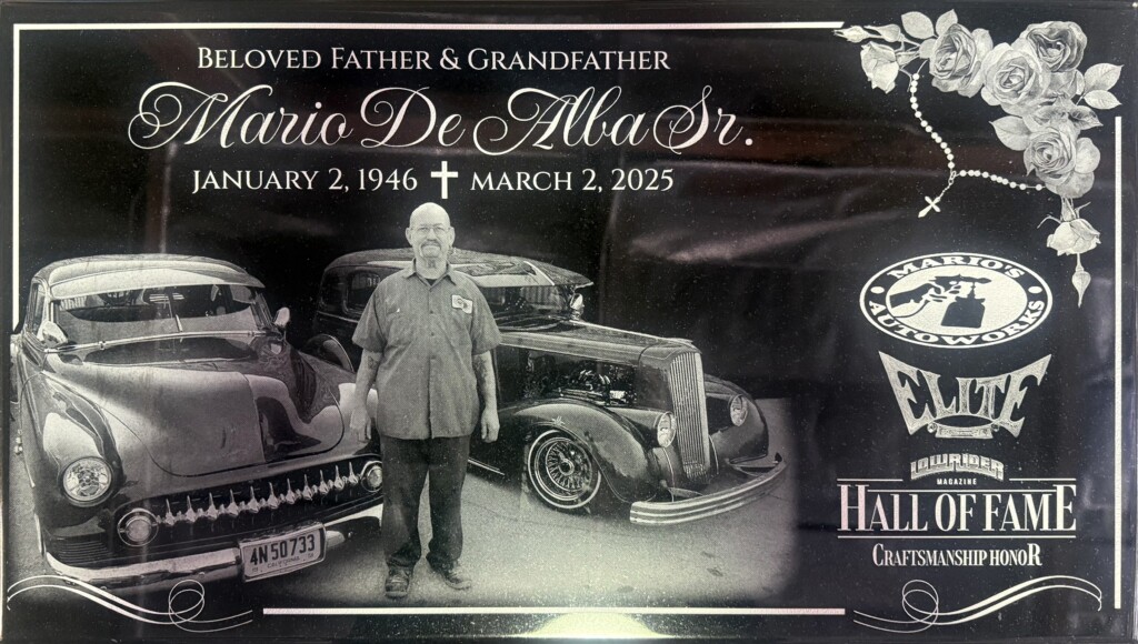 Black granite grave marker with lowrider cars and roses, De Alba family, Holy Cross Cemetery