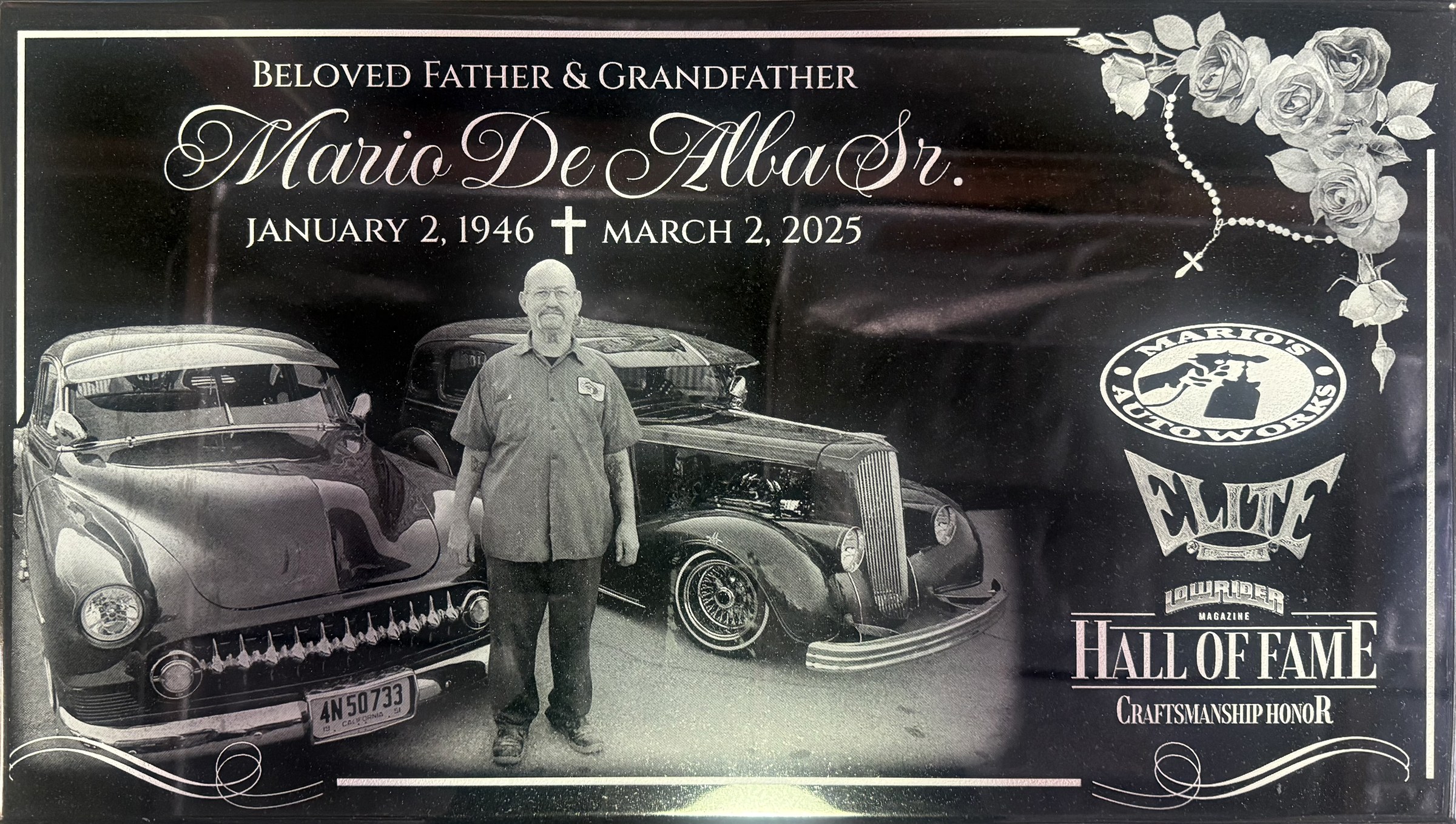 Black granite grave marker with lowrider cars and roses, De Alba family, Holy Cross Cemetery