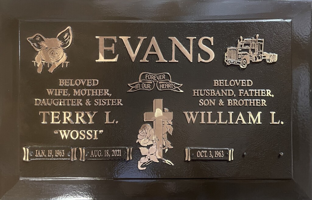 Bronze companion grave memorial with pig and semi truck, Evans family, Forest Lawn Memorial Park
