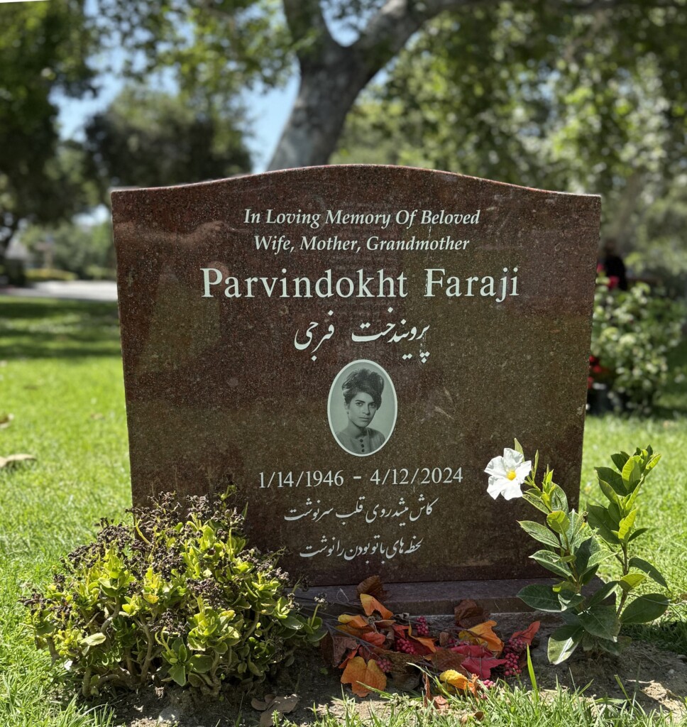 Puritan Rose granite upright monument with oval portrait, Faraji family, Oak Park Cemetery