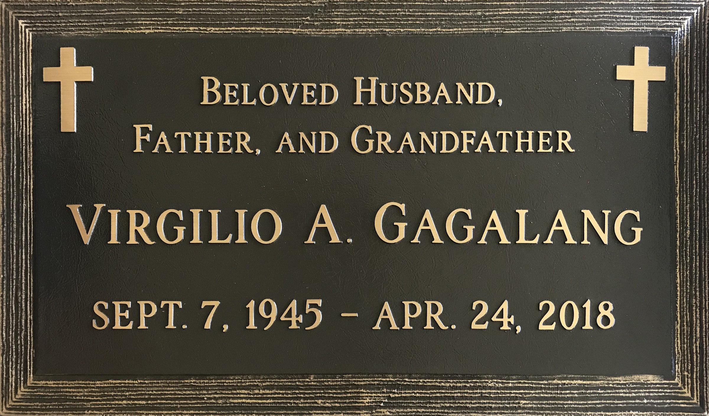 Bronze headstone with two crosses, Gagalang family, Forest Lawn Memorial Park