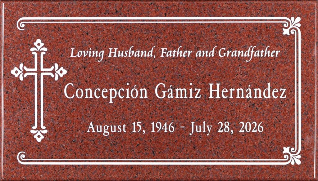 Puritan Rose granite grave marker with cross and scroll border, Gámiz Hernández family, Holy Cross Cemetery