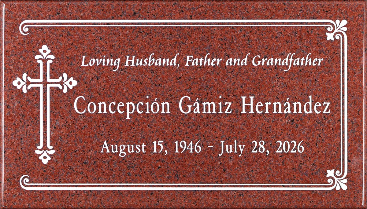 Puritan Rose granite grave marker with cross and scroll border, Gámiz Hernández family, Holy Cross Cemetery