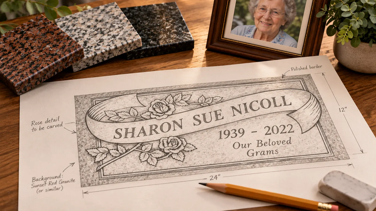 Design proof for a flat granite headstone with rose carvings on a wooden table, with granite color samples, a pencil and a framed family photo