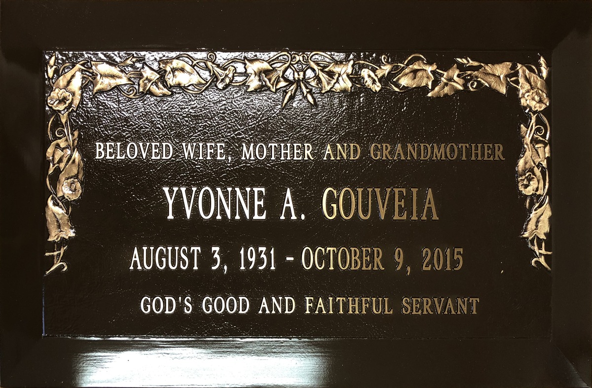 Bronze headstone with morning glory border, Gouveia family, Forest Lawn Memorial Park