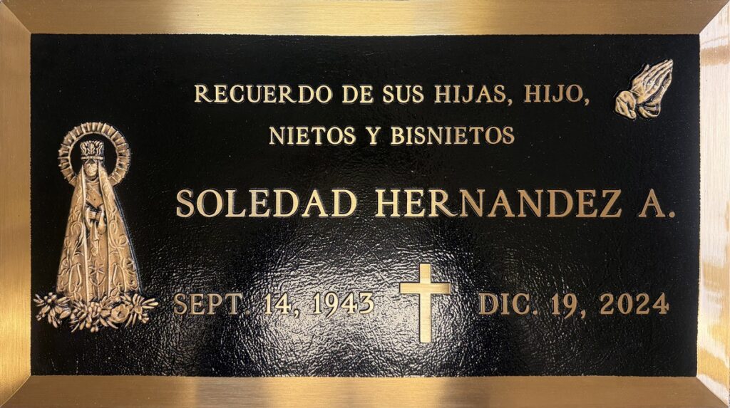 Bronze headstone with virgin mary and praying hands, Hernandez family, Forest Lawn Memorial Park
