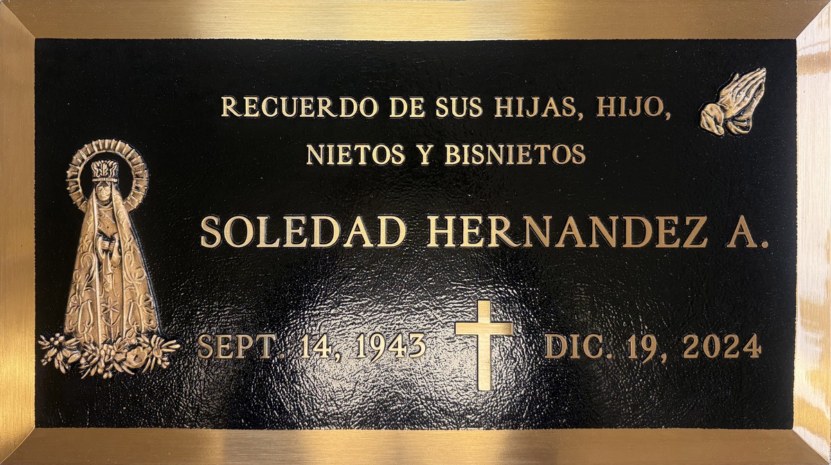 Bronze headstone with virgin mary and praying hands, Hernandez family, Forest Lawn Memorial Park