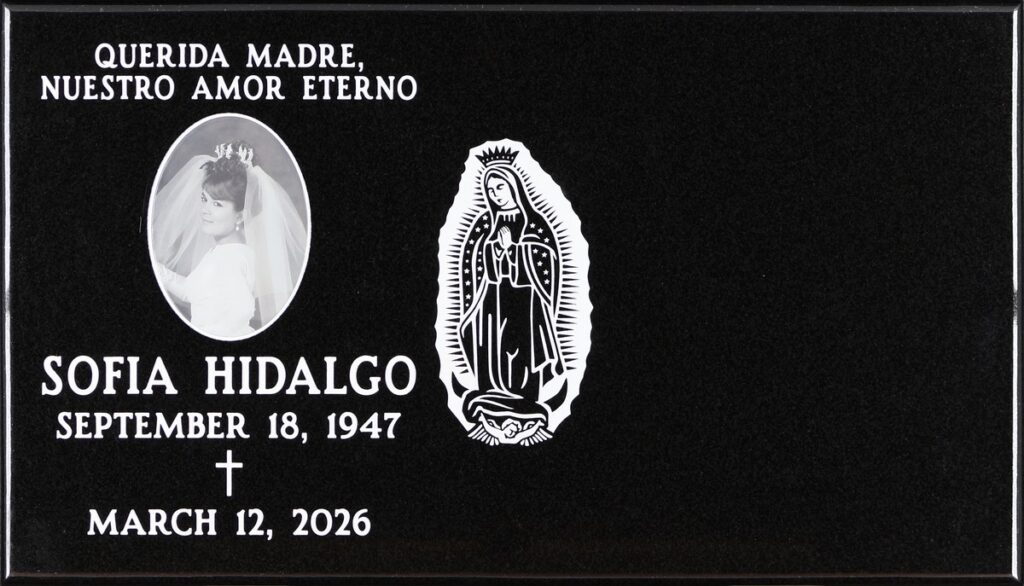 Black granite memorial marker with guadalupe and cross, Hidalgo family, Holy Cross Cemetery