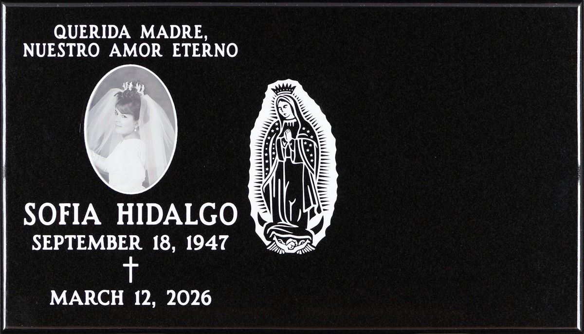 Black granite memorial marker with guadalupe and cross, Hidalgo family, Holy Cross Cemetery