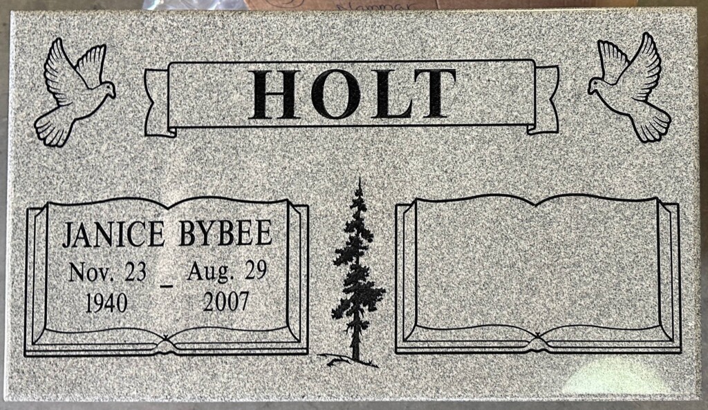 Southern White granite companion headstone with open books and pine tree, Holt family, Valhalla Memorial Park
