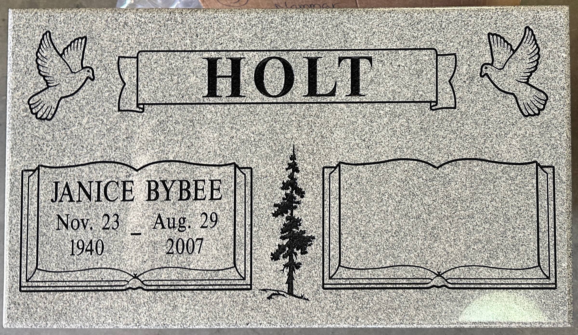 Southern White granite companion headstone with open books and pine tree, Holt family, Valhalla Memorial Park