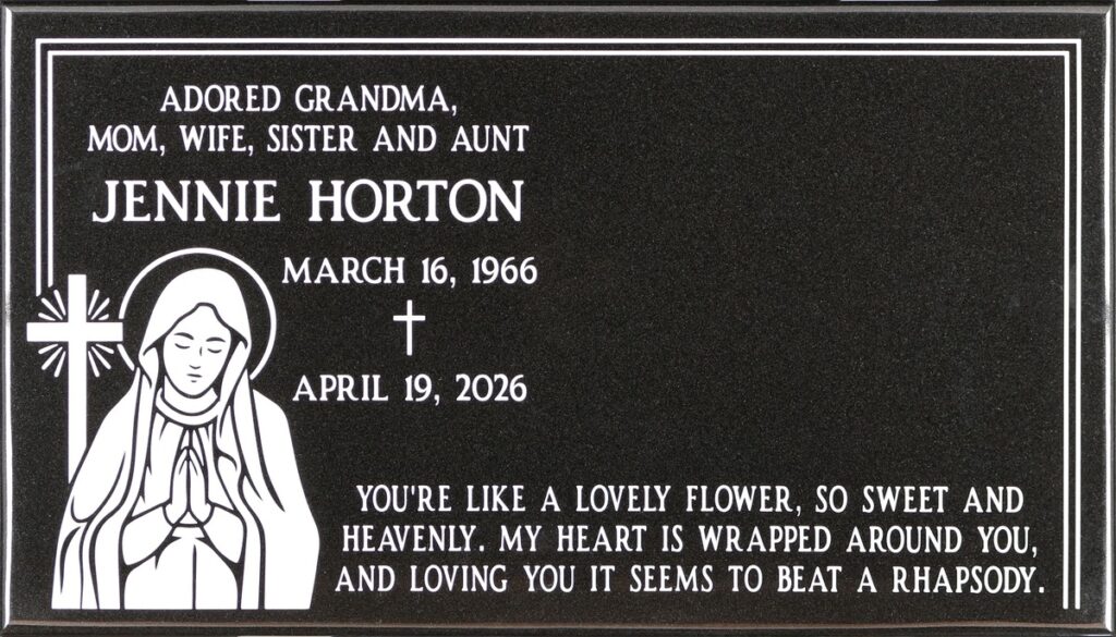 Black granite headstone with virgin mary and cross, Horton family, Holy Cross Cemetery