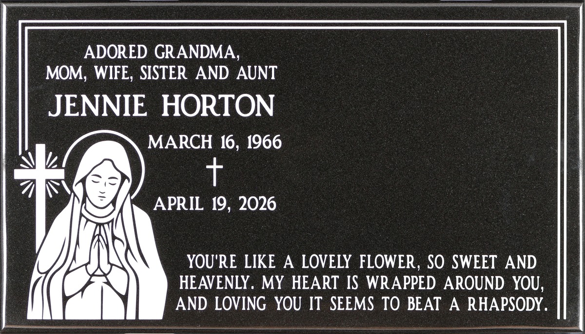 Black granite headstone with virgin mary and cross, Horton family, Holy Cross Cemetery