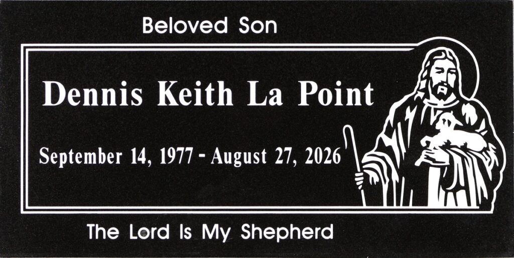 Black granite memorial stone with good shepherd jesus, La Point family, Desert View Memorial Park