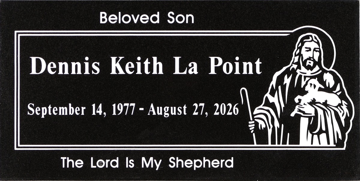 Black granite memorial stone with good shepherd jesus, La Point family, Desert View Memorial Park